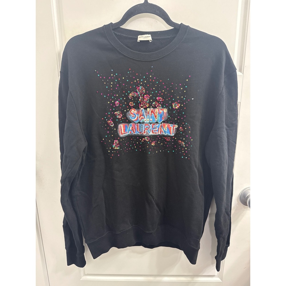 Saint Laurent Paris Black Sequin Logo Sweatshirt 512346 YB2RS 1068 Size L